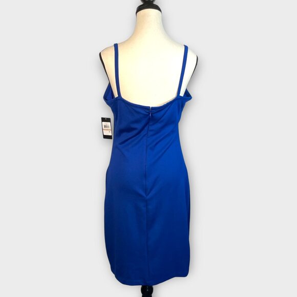 GUESS Ponte Ruffled Sheath Dress 12 Cobalt Blue Bodycon Cocktail Party NEW - Picture 3 of 10